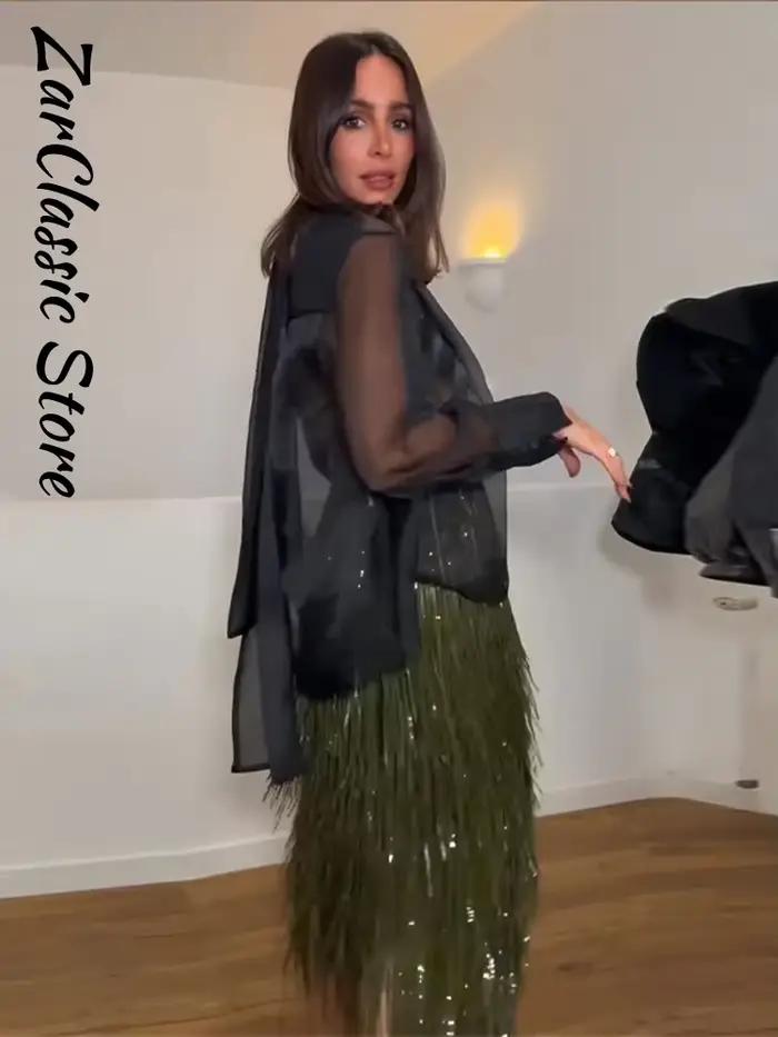 Chic gland paillettes jupe longue irrégulière femmes taille haute a-ligne jupes décontractées 2025 été automne dame brillant rue fête vêtements