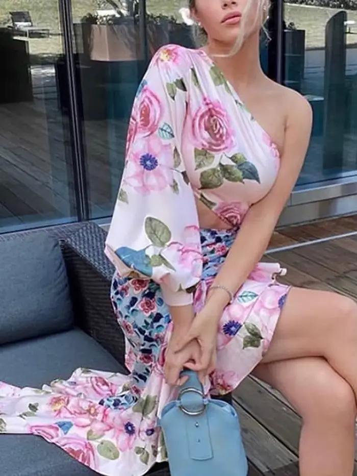 Ensemble jupe et haut à volants et imprimé floral pour femme