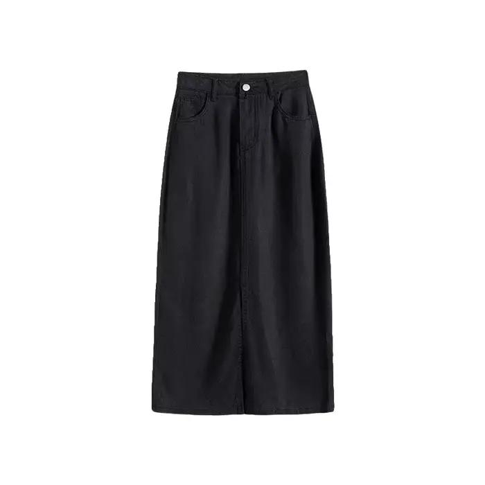 Jupe mi-longue en jean noir New Tang taille haute décontractée pour femmes été voyage style frais et élégant polyvalent occasions spéciales