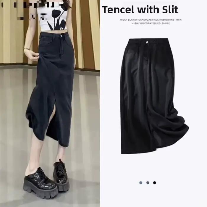 Jupe mi-longue en jean noir New Tang taille haute décontractée pour femmes été voyage style frais et élégant polyvalent occasions spéciales