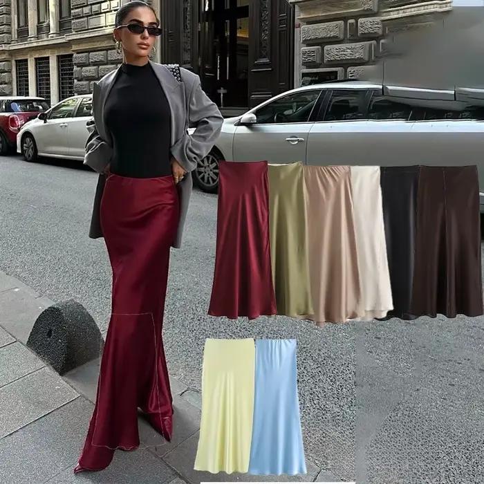 KONDALA Vintage Satin solide jupes longues femmes taille haute élastique soyeux