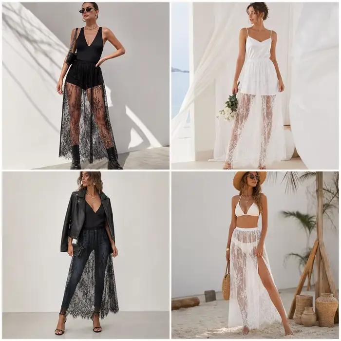 Jupe de dessous en dentelle florale 75 cm pour femmes, sécurité anti-transparence, polyester, blanc ou noir, pour Cheongsam, streetwear et tenues de ville