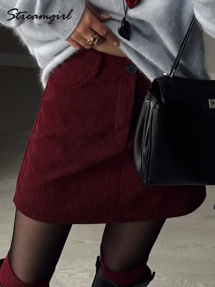 Printemps velours côtelé Mini jupe bordeaux pour femmes marron Vintage une ligne jupes courtes avec court à l'intérieur