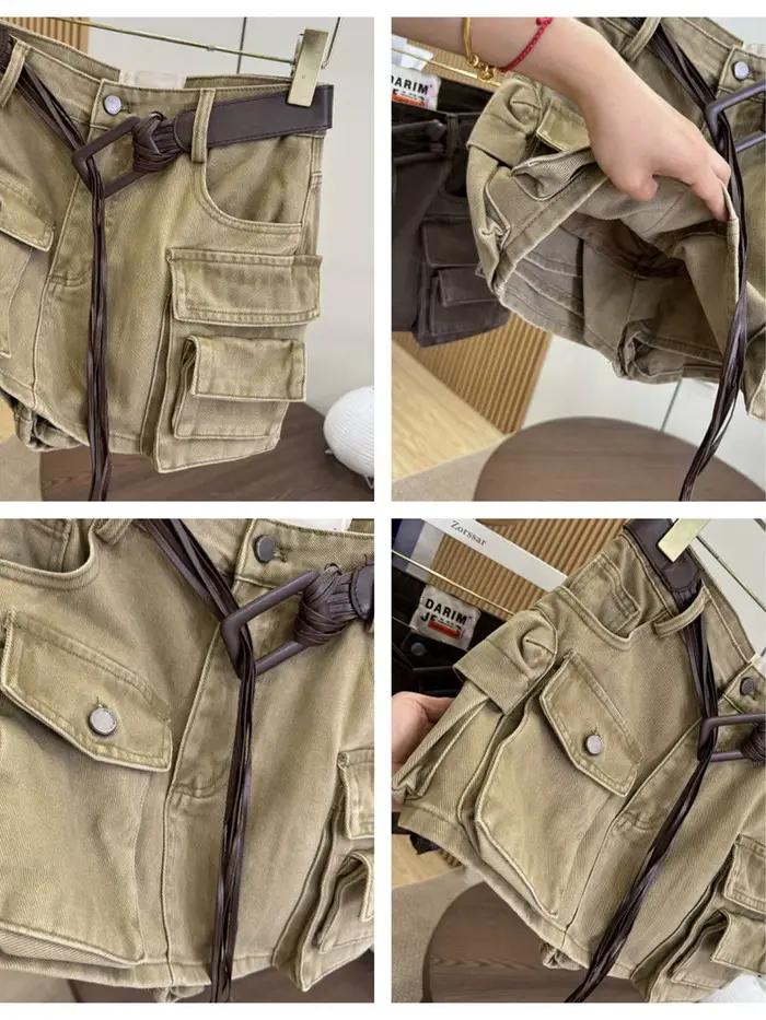 Femmes marron Cargo jupe 2000s Vintage Harajuku Gyaru taille haute
