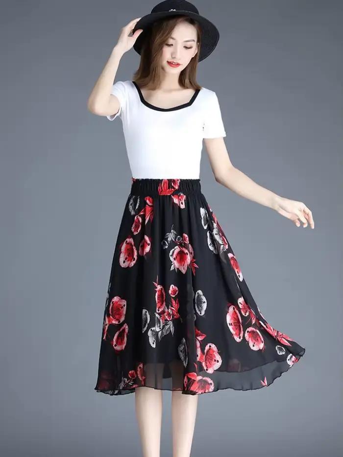 Jupes féminines à fleurs jusqu'aux genoux longueur jupe femme en mousseline de soie Vintage pas cher mode coréenne haute qualité Streetwear 2025 tendance V Y2k