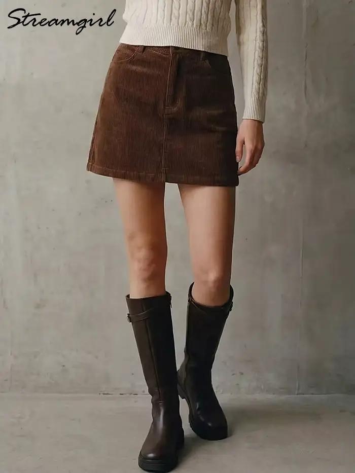Printemps velours côtelé Mini jupe bordeaux pour femmes marron Vintage une ligne jupes courtes avec court à l'intérieur