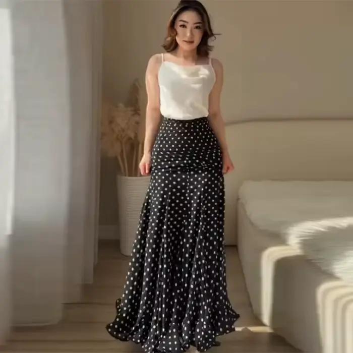 Jupe longue sirène élégante à pois froncée taille haute