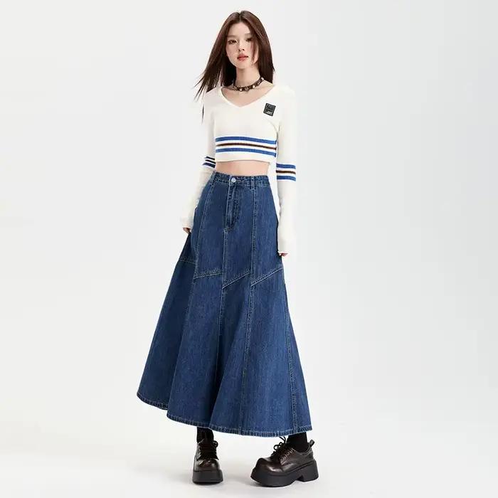 Femmes bleu a-ligne Denim jupe Vintage esthétique Y2k Patchwork nouvelle Jean