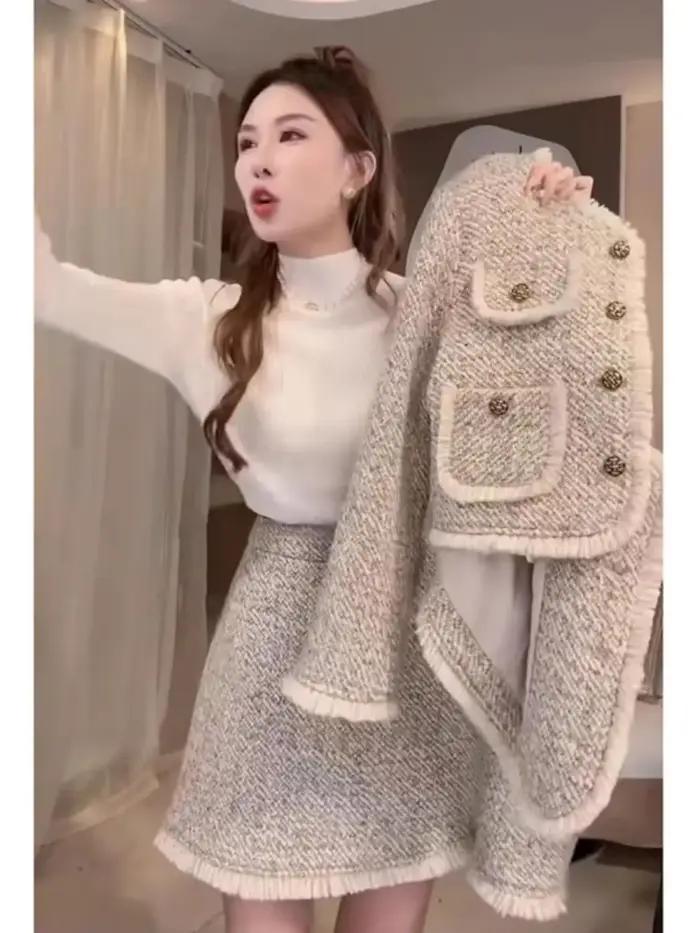 Veste en tweed à manches longues et mini jupe taille haute pour femmes