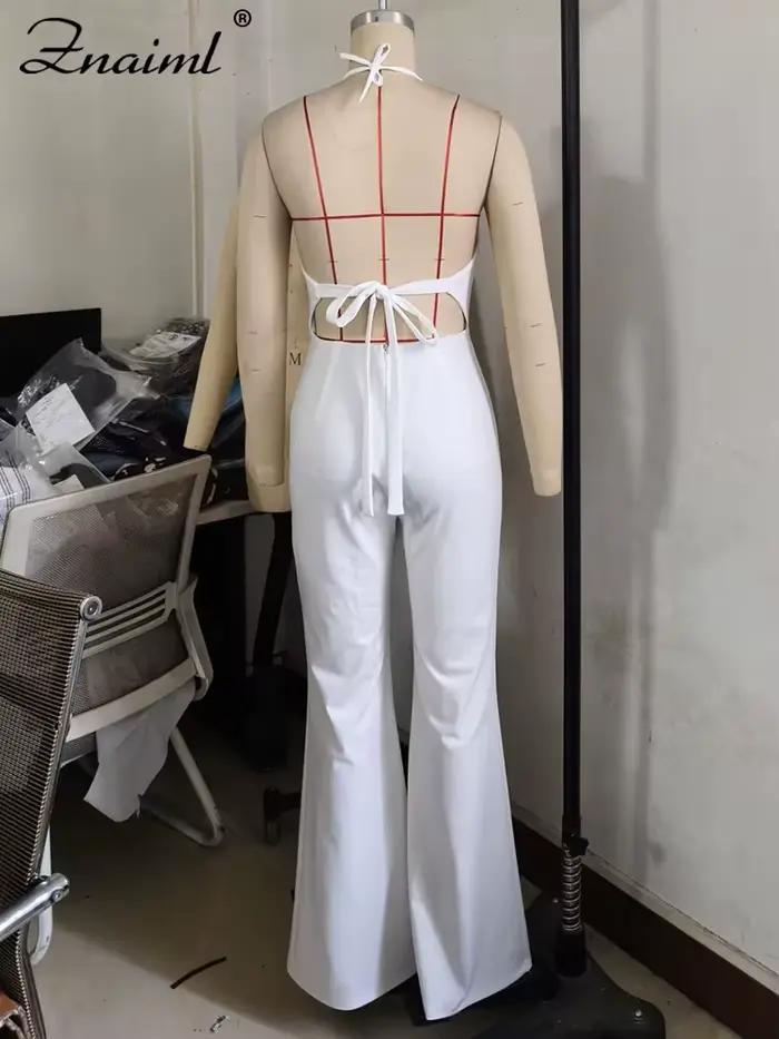 Znaiml combinaisons longues élégantes pour les femmes été sans manches licou à lacets dos nu pansement pantalon à jambes larges barboteuses une pièce 2025