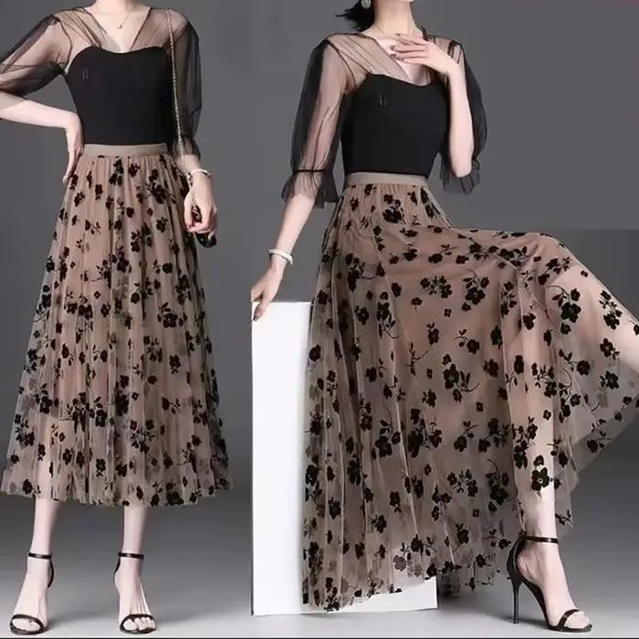 Jupe en gaze jupe demi-fée florale printemps et été nouvelle jupe trapèze plissée dans la longue jupe en gaze fine taille haute