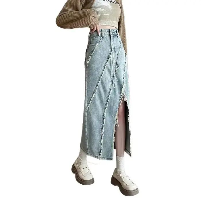 Jupe mi-longue évasée taille haute amincissante avec franges asymétriques pour femme