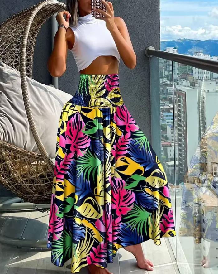 Jupe longue en polyester imprimée floral pour femmes, style bureau dame, jupe estivale pour plage et occasions spéciales