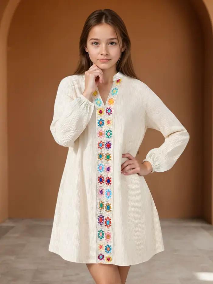 Robe à manches longues pour filles, style ethnique moyen-oriental avec embellissements, ajustée pour l'automne en extérieur, tenue décontractée