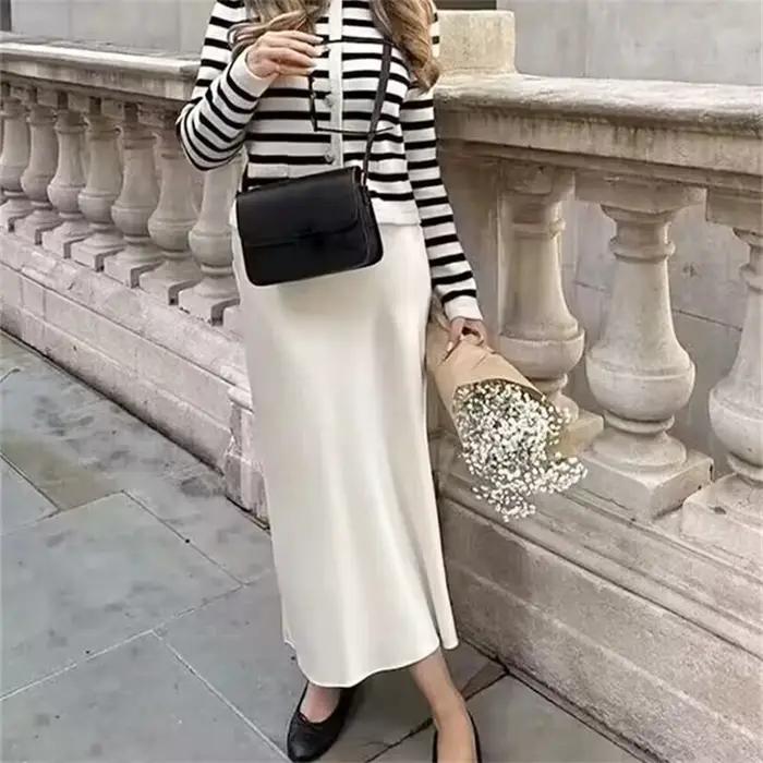 MUJER noir Satin jupe femme nœud élégant jupes longues pour les femmes 2025 été taille haute