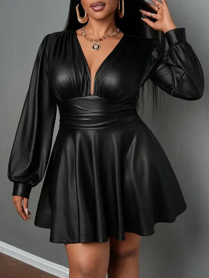 Jupe en polyester grande taille pour femmes, col en V profond, manches lanternes, silhouette trapèze cintrée à la taille, ensemble sexy pour filles, occasions spéciales et tenues de soirée