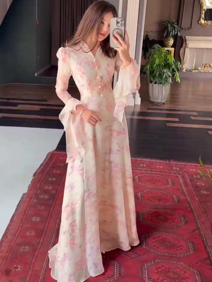 Robe longue pour femme, style streetwear, imprimé floral, coupe trapèze, col en V, manches évasées, coupe ajustée, élégante, avec empiècements, pour soirée, 2026