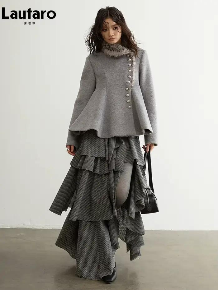 Jupe longue asymétrique à volants rayée grise Lautaro Printemps Automne pour femme – Élégante