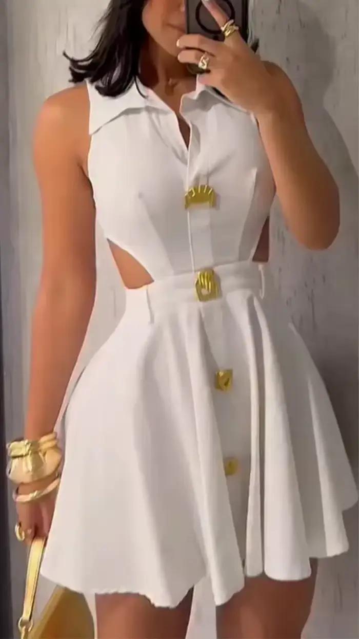 HBLL femmes jupes courtes élégantes boucle en métal boutonné vêtements d'extérieur formels dames chemise à revers évidé robe de soirée a-ligne