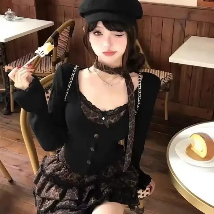 Ensemble Punk rétro sexy junior KAMEHARA en polyester haut manches longues jupe à gâteau pour femmes toutes les saisons occasions spéciales
