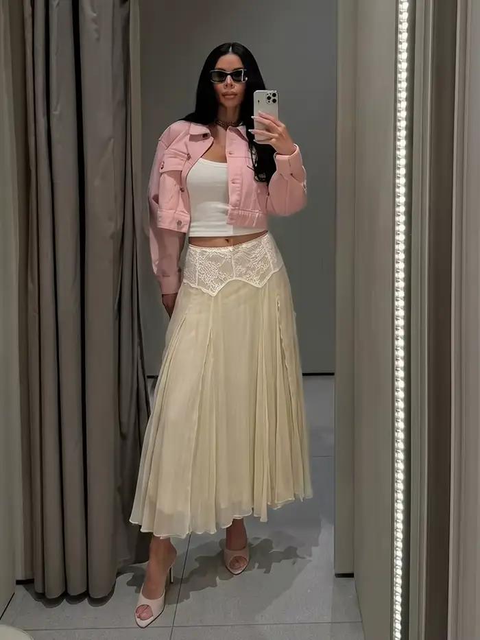 Jupe midi élégante en mousseline beige avec dentelle pour femme, taille haute, fluide, coupe trapèze, style féerique, idéale pour les vacances et les rendez-vous