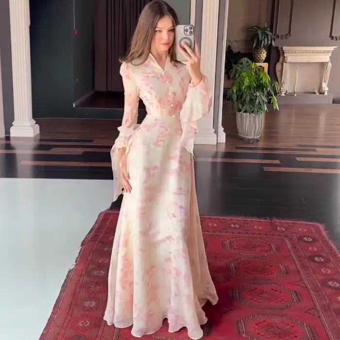 Robe longue pour femme, style streetwear, imprimé floral, coupe trapèze, col en V, manches évasées, coupe ajustée, élégante, avec empiècements, pour soirée, 2026