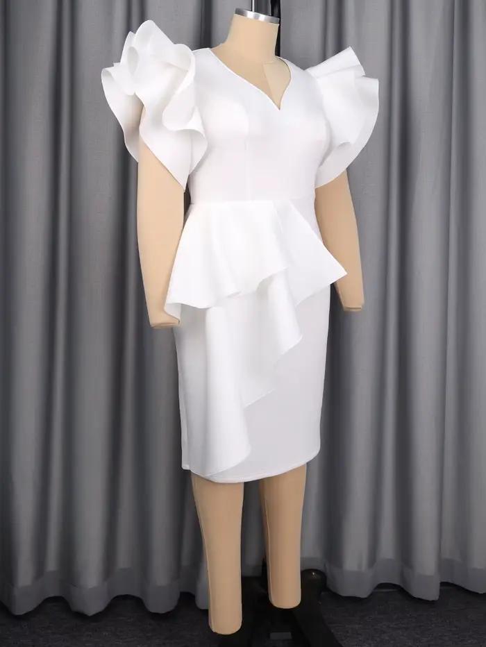 Robe mi-longue blanche pour femmes, col en V, manches courtes volantes, volants à plusieurs niveaux, taille haute, moulante, élégante, robes de soirée d'invitées de mariage