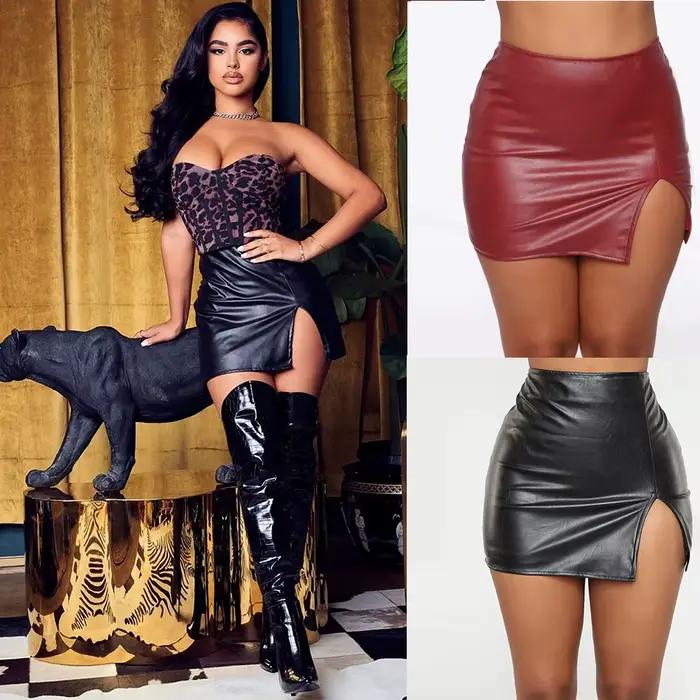 Mini-jupe taille haute en similicuir PU pour femme