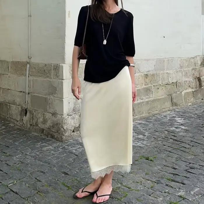 Talenza dentelle bordure jupe femmes mode à lacets taille haute solide Patchwork