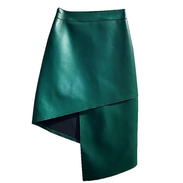 Jupe irrégulière taille haute en peau de mouton véritable pour femmes