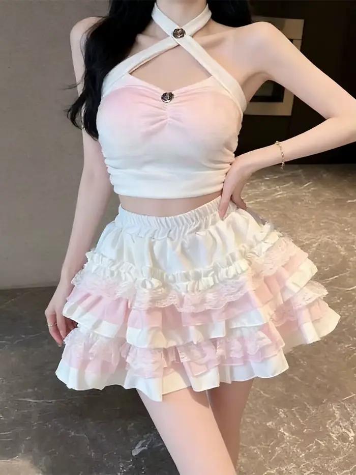 Jupe courte Lolita à volants superposés avec bordure en dentelle