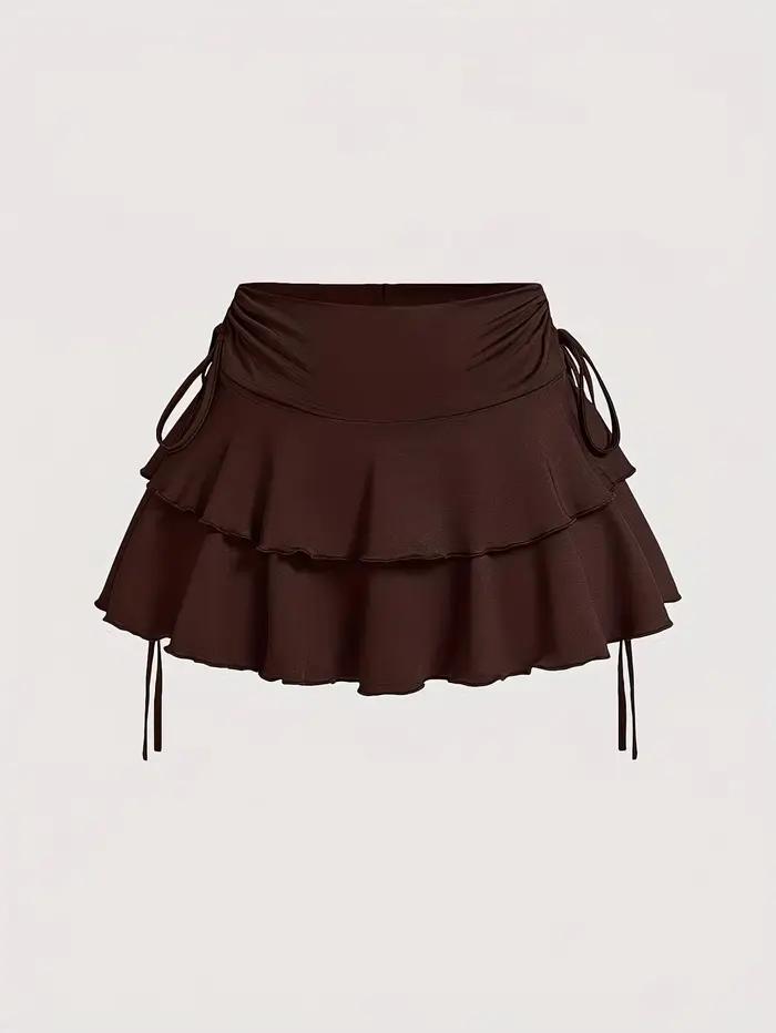 Jupe-short polyvalente à volants superposés pour femme - Jupe évasée décontractée à taille haute avec cordon de serrage