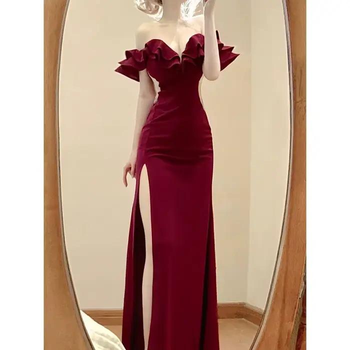Robe de soirée rouge, sexy, dos nu, taille haute, fendue, à volants, élégante, pour femmes, 2025