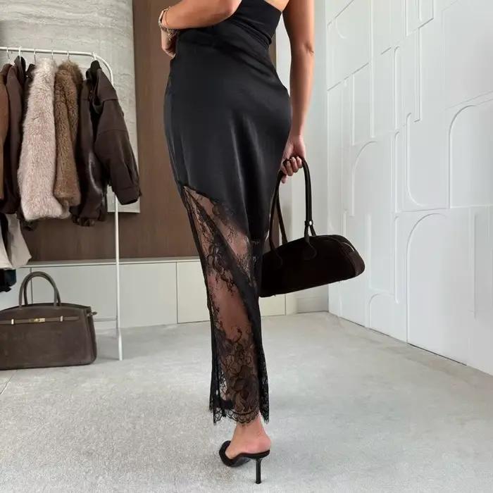 Jupe longue en dentelle taille haute style bohème pour femme