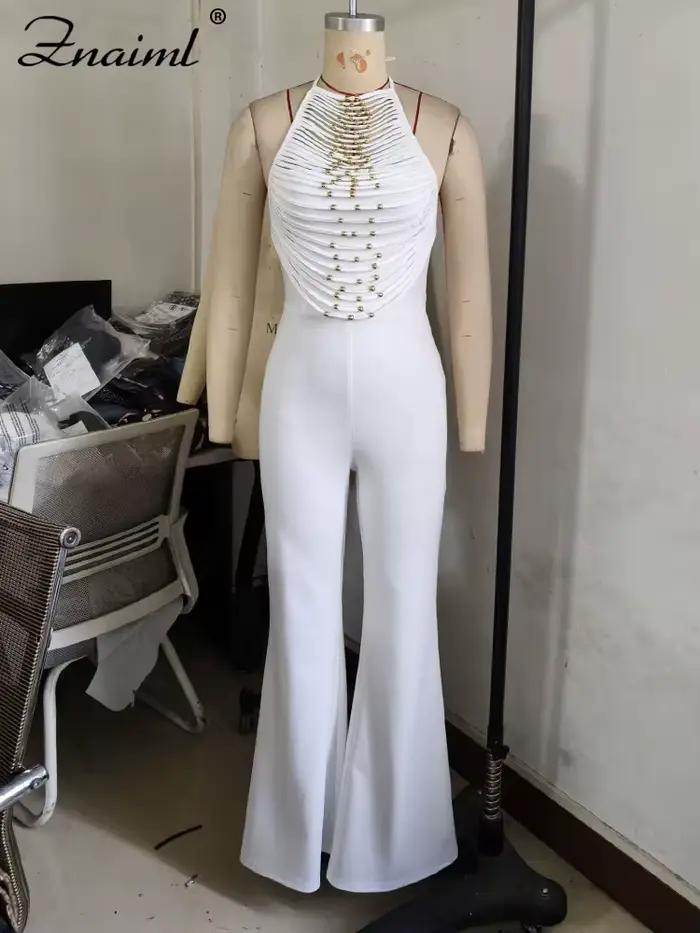 Znaiml combinaisons longues élégantes pour les femmes été sans manches licou à lacets dos nu pansement pantalon à jambes larges barboteuses une pièce 2025