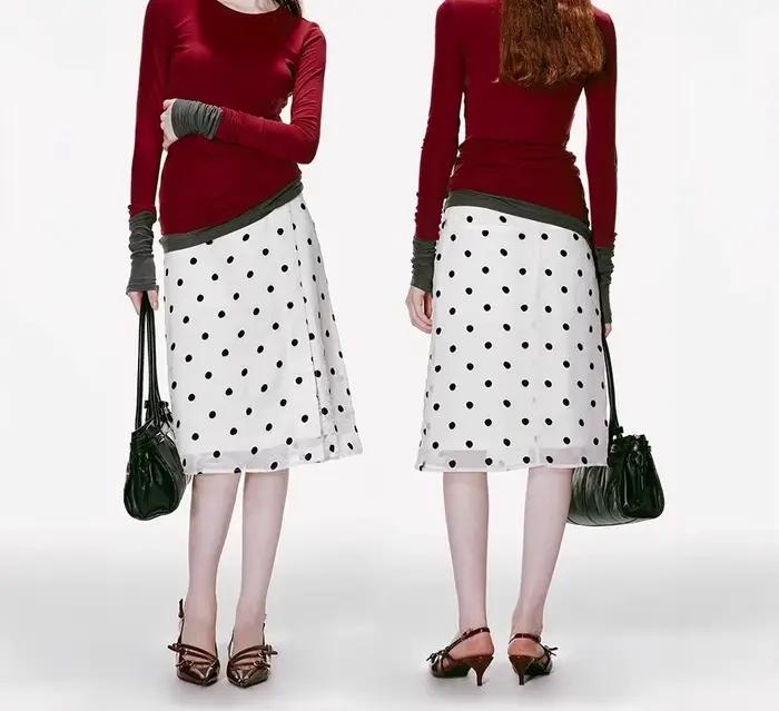 Jupe midi à pois en dentelle 2026, jupe midi rétro polyvalente pour femmes