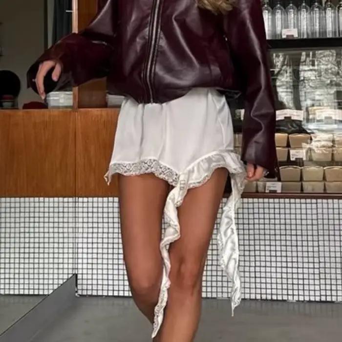 Été décontracté solide jupe femme 2025 Sexy dentelle blanc asymétrique Midi jupes rue Chic Satin taille haute