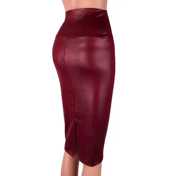 Mode élégante taille haute fendu Faux cuir jupe femmes genou longueur moulante
