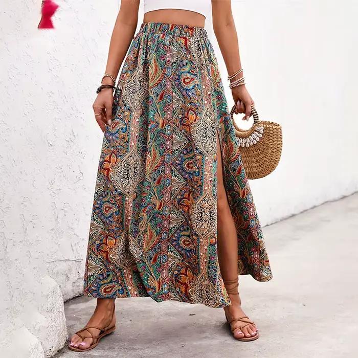 Jupe Bohème Rétro Imprimée Fleuri Femme Style Folk Indépendant Printemps Été Taille Haute A-Ligne Plissée Longues Décontractées Vacances Plage
