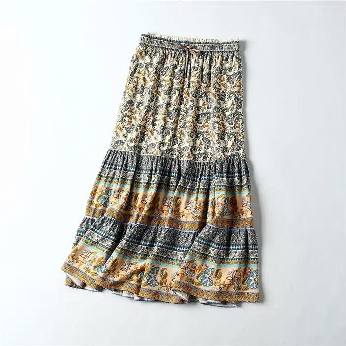 Hippie Queens femmes gothique Floral paon imprimé taille haute élastique plage bohème jupe dames a-ligne Midi Boho jupes