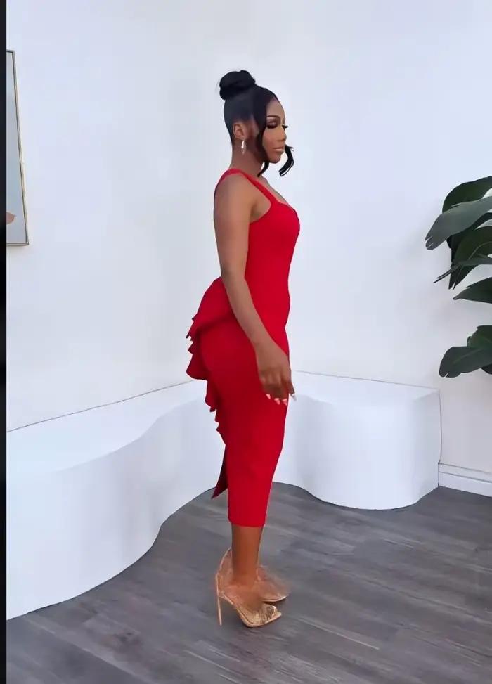 Robes de cocktail rouges élégantes, longueur mi-mollet, col transparent, robe de soirée avec volants et nœud au dos, robes de soirée personnalisées de haute qualité