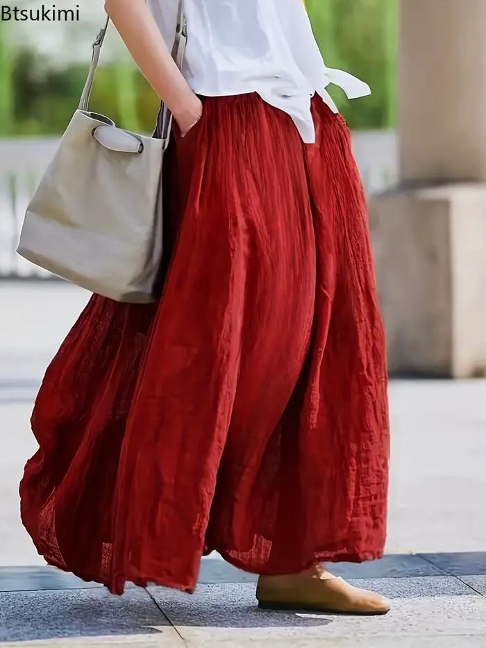 Jupe longue vintage polyester décontractée pour femmes couleur unie polyvalente printemps été automne occassions spéciales