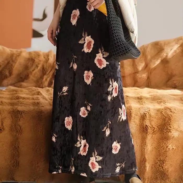 Jupe florale en velours rose nuit foncée rétro Plus