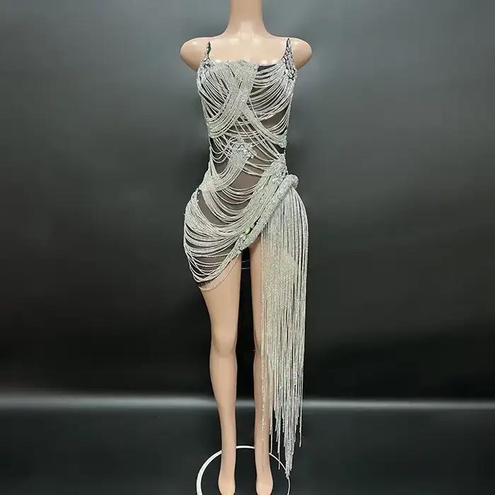 Robe de soirée de mariage sexy en strass, Costumes de scène à la mode pour femmes