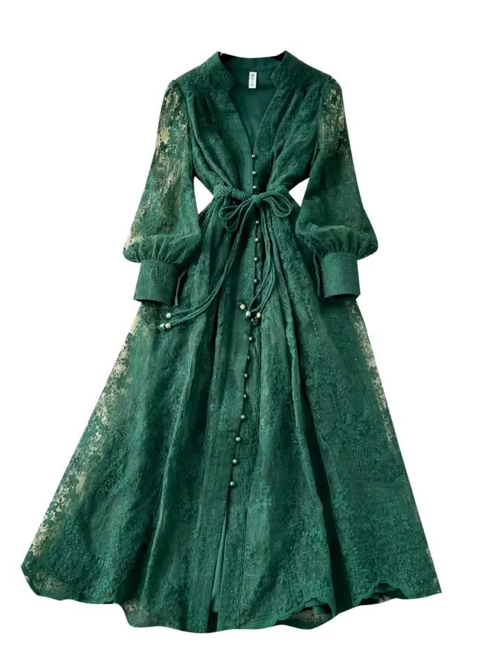 Robe de soirée Smlinan broderie florale polyester longue à manches longues boutonnage simple pour femmes occasions spéciales printemps été