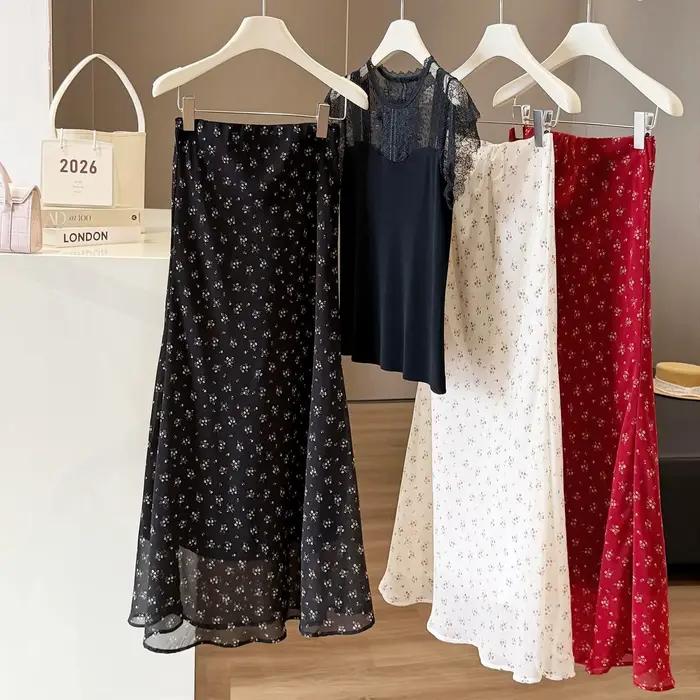 Jupe midi florale d'été pour femme en mousseline rouge respirante