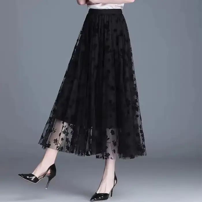Jupe en gaze jupe demi-fée florale printemps et été nouvelle jupe trapèze plissée dans la longue jupe en gaze fine taille haute