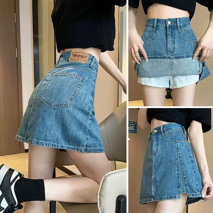 Flykcoozooi jupe en jean bleu pour femmes été nouvelle mode coréenne fille épicée Anti-éblouissement taille haute minceur a-ligne Mini jupes