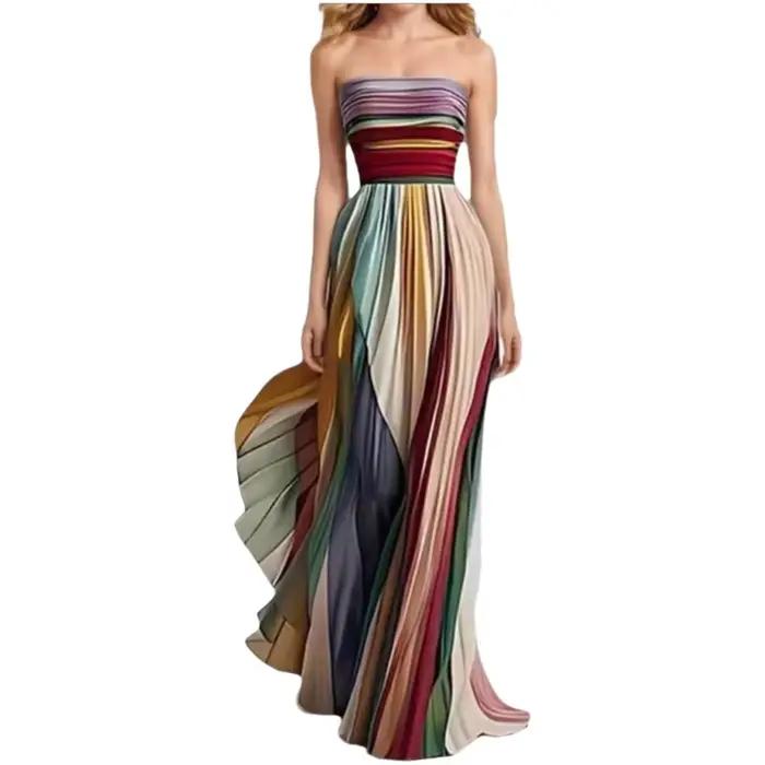 Nouvelle Robe Longue Plissée Imprimée Colorée Sexy et Élégante pour l'Été