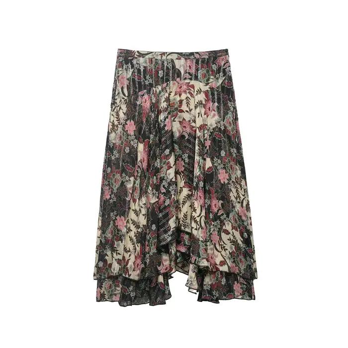 Nouvelle jupe mi-longue asymétrique à imprimé floral sexy pour femme